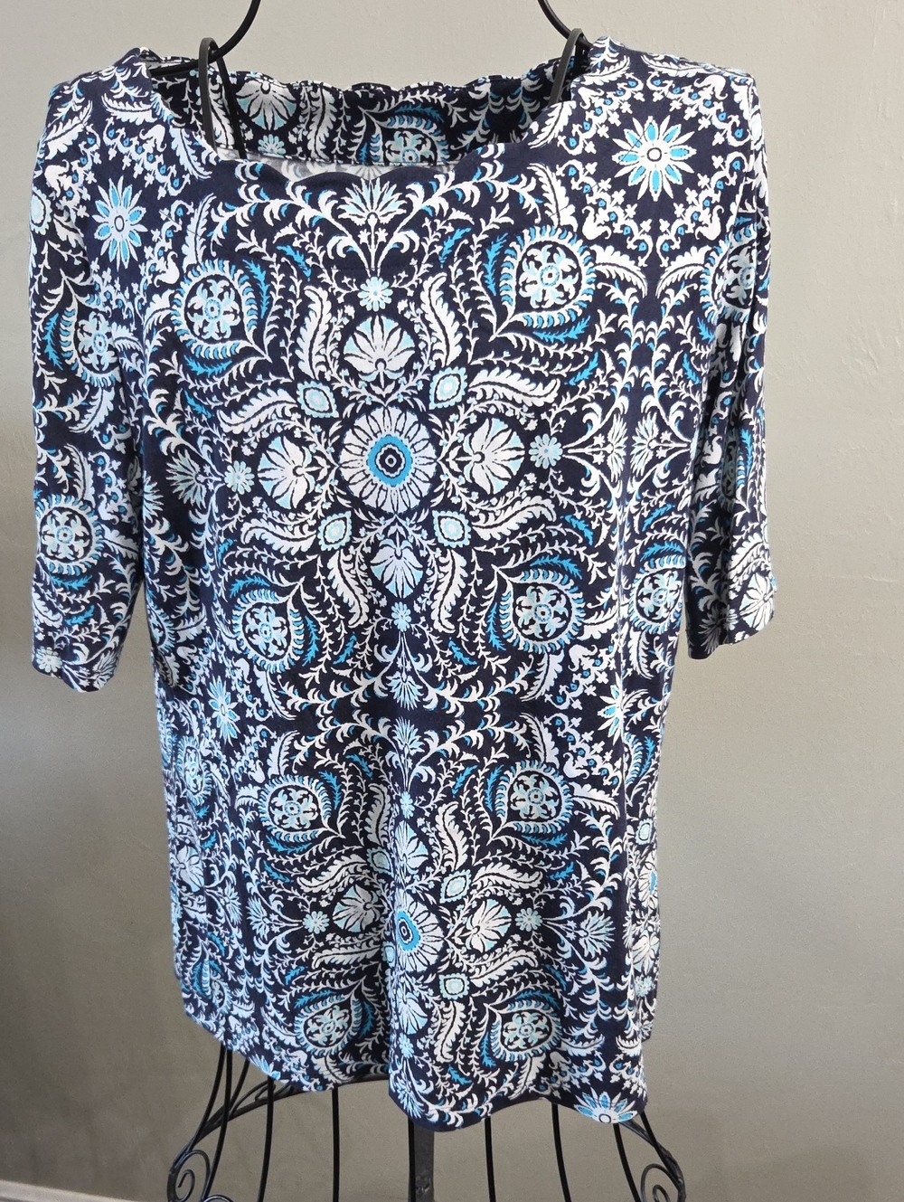 Talbots Navy and Light Blue Floral Medallion Short Sleeve Top
